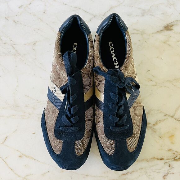 COACH Kelson Khaki Beige Midnight Navy Signature Jacquard Suede Sneakers - US 8 - Picture 2 of 8